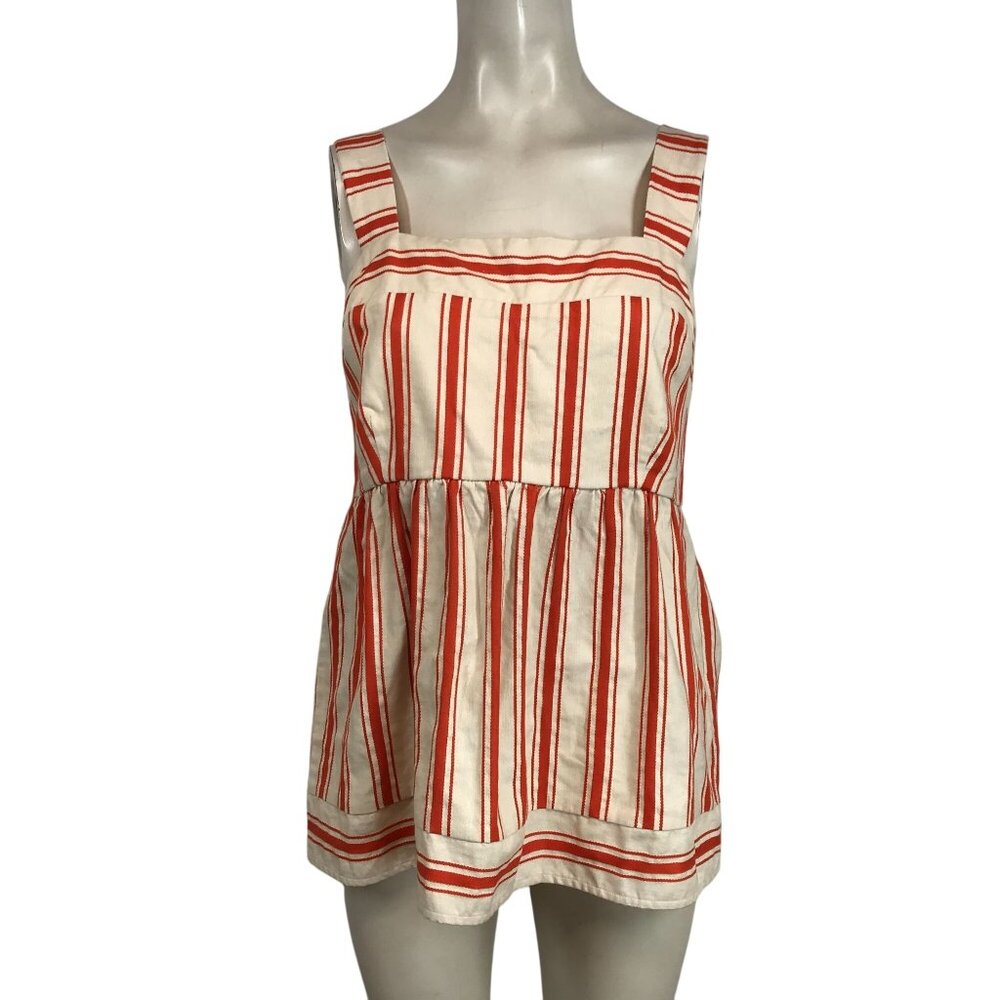 CABI - WOMEN'S MEDIUM - TAN/RED STRIPED BABY DOLL COTTON BLEND TOP 6102